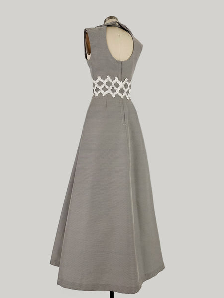 1960s Alfred Werber Open Back Stripe Maxi Dress With Guipure Lace Appliqué