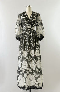1960s / 1970s Vintage Black & White Surplice Neckline Floral Print Gown Dress