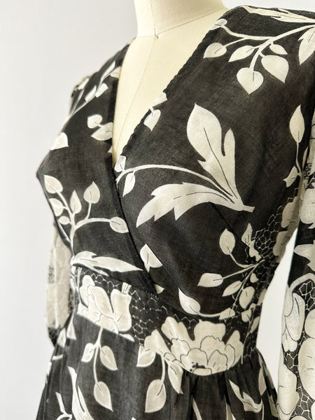 1960s / 1970s Vintage Black & White Surplice Neckline Floral Print Gown Dress