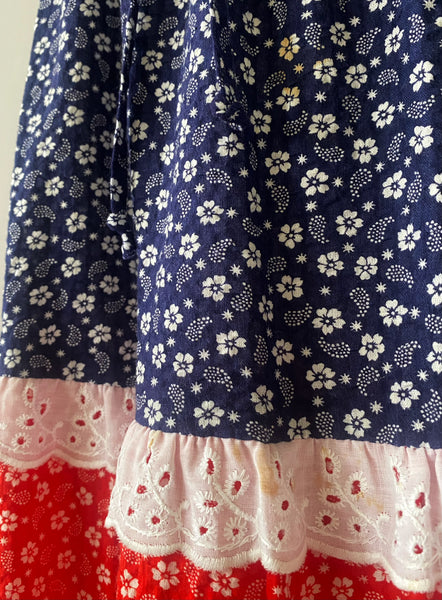 VICKY VAUGHN Vintage 1970s Red White & Blue Eyelet Floral Seersucker Maxi Dress