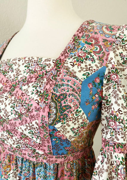 VICKY VAUGHN Vintage 1970s Patchwork Floral Cotton Maxi Dress