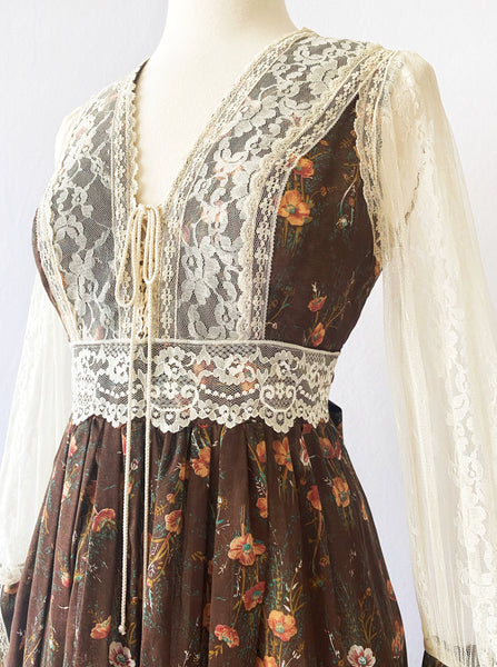 GUNNE SAX Vintage 1970s Brown Floral Lace Trimmed Dress