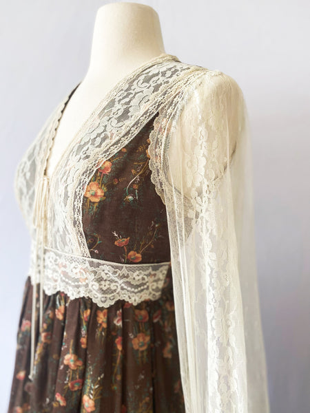 GUNNE SAX Vintage 1970s Brown Floral Lace Trimmed Dress