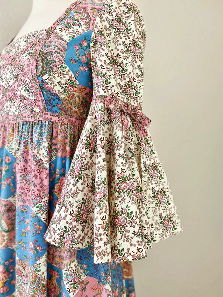 VICKY VAUGHN Vintage 1970s Patchwork Floral Cotton Maxi Dress