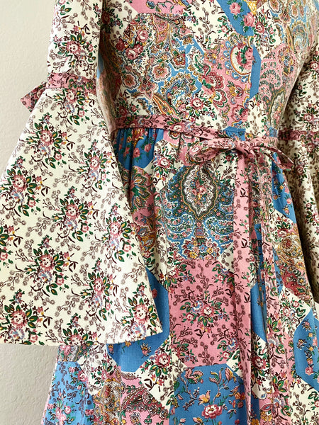 VICKY VAUGHN Vintage 1970s Patchwork Floral Cotton Maxi Dress