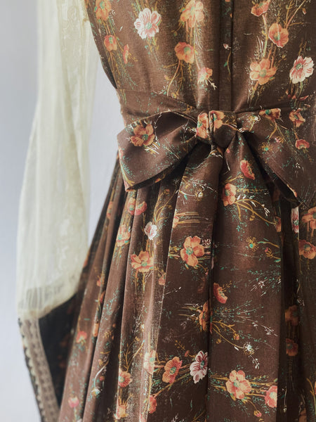 GUNNE SAX Vintage 1970s Brown Floral Lace Trimmed Dress