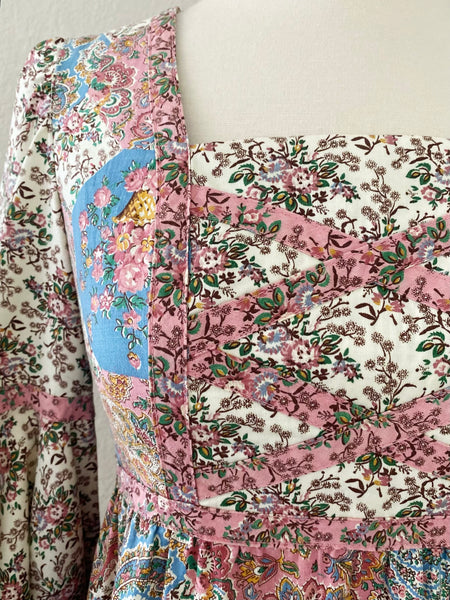 VICKY VAUGHN Vintage 1970s Patchwork Floral Cotton Maxi Dress