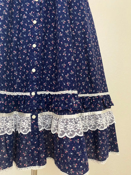 Gunne Sax Vintage 1970s Lace Trimmed Floral Cotton Skirt