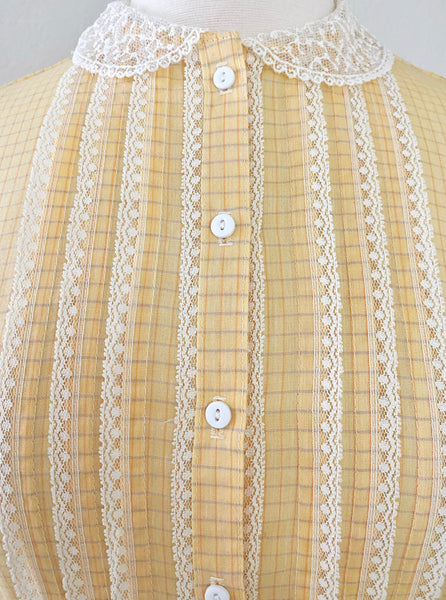 GUNNE SAX Vintage 1970s Lace Trimmed Orange Grid Print Dress