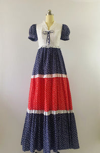 VICKY VAUGHN Vintage 1970s Red White & Blue Eyelet Floral Seersucker Maxi Dress