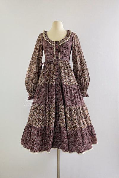 GUNNE SAX 1970s Berry Floral Print Tiered Dress