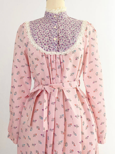 1970s Pink Floral-print Belted Dress