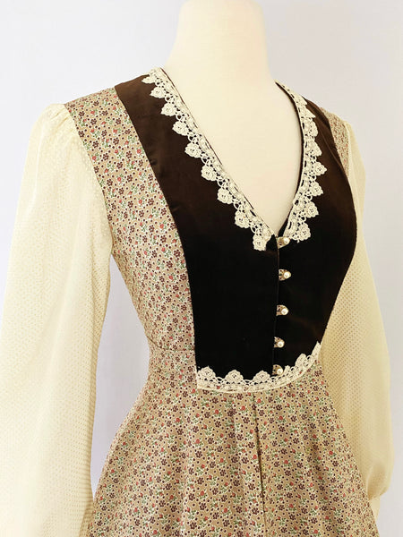 GUNNE SAX | 1970s Vetvet trim Floral Dress