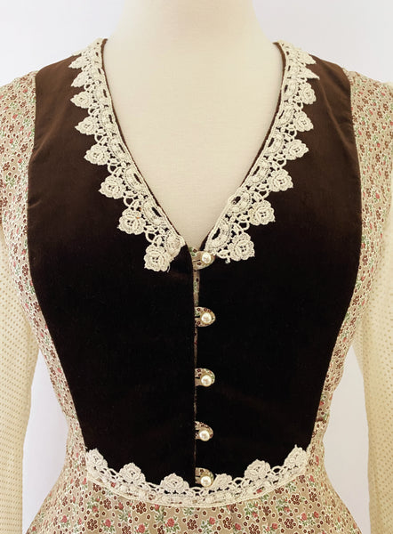 GUNNE SAX | 1970s Vetvet trim Floral Dress